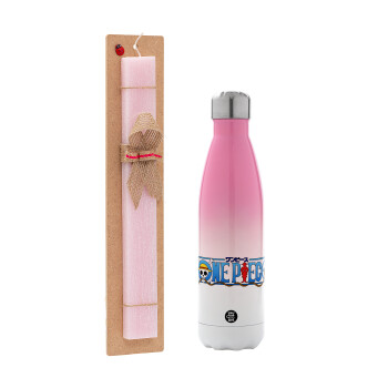 Onepiece logo, Easter Set, Metallic pink/white (Stainless steel) thermos, double-walled, 500ml & aromatic flat Easter candle (30cm) (PINK)