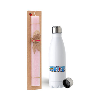 Onepiece logo, Easter Set, metallic stainless steel water bottle (750ml) & scented flat Easter candle (30cm) (PINK)
