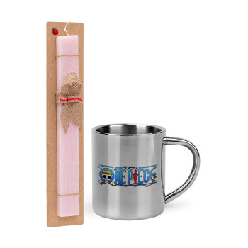 Onepiece logo, Easter Set, metallic thermal cup (300ml) & aromatic flat Easter candle (30cm) (PINK)