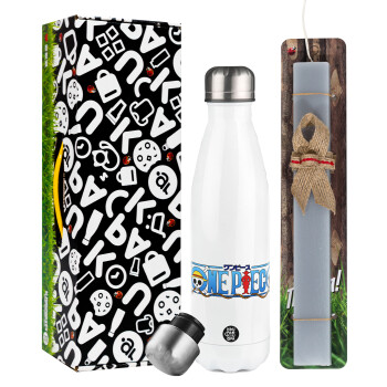 Onepiece logo, Easter candle, metallic white thermos bottle (500ml) & aromatic flat candle (30cm) (GRAY)