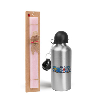 Onepiece logo, Easter Set, metallic Silver aluminum water bottle (500ml) & scented flat Easter candle (30cm) (PINK)