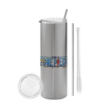 Onepiece logo, Eco friendly stainless steel Silver tumbler 600ml, with metal straw & cleaning brush