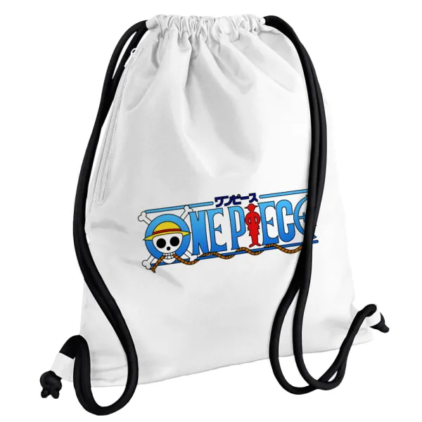 Onepiece logo — Τσάντα πλάτης πουγκί GYMBAG λευκή, με τσέπη (40x48cm) & χονδρά κορδόνια