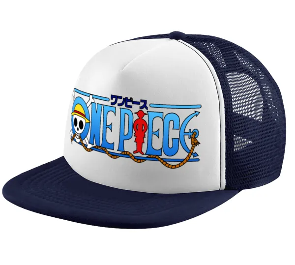 Onepiece logo — Adult Soft Trucker Hat with Dark Blue/White Mesh (POLYESTER, ADULT, UNISEX, ONE SIZE)