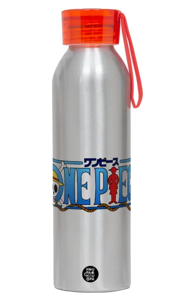 Onepiece logo — Αλουμινένιο Αθλητικό Μπουκάλι 650ml – Ασημί με Κόκκινο Καπάκι και Λουράκι Σιλικόνης