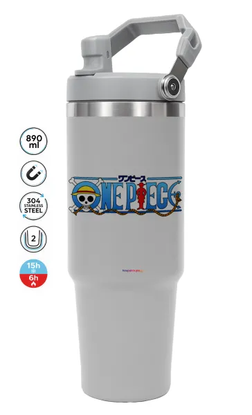 Onepiece logo — ΓΚΡΙ Travel Tumbler Θερμός με χερούλι και καλαμάκι 890ml
