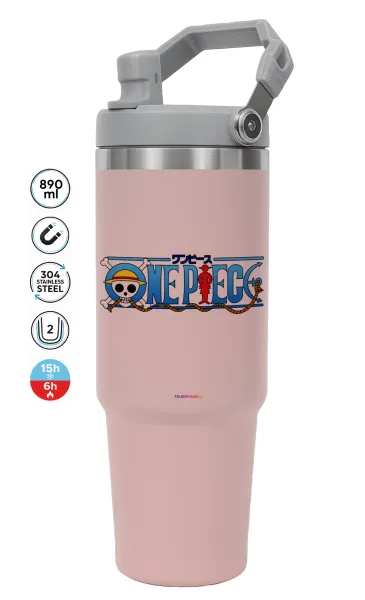Onepiece logo — ΡΟΖ Travel Tumbler Θερμός με χερούλι και καλαμάκι 890ml