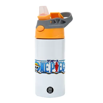Onepiece logo, Παιδικό παγούρι θερμό, ανοξείδωτο, με καλαμάκι ασφαλείας, Πορτοκαλί/Γκρι (360ml) BPA-FREE
