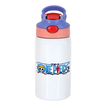Onepiece logo, Παιδικό παγούρι θερμό, ανοξείδωτο, με καλαμάκι ασφαλείας, ροζ/μωβ (350ml)