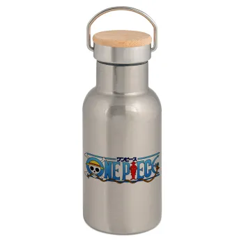 Onepiece logo, Stainless steel metallic thermos flask, silver with a bamboo lid, double-walled, 350ml.