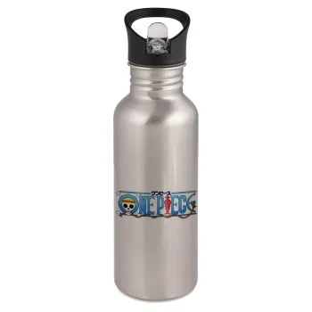 Onepiece logo, Water bottle Silver with straw, stainless steel 600ml