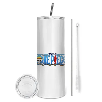 Onepiece logo, Tumbler ποτήρι θερμό από ανοξείδωτο ατσάλι 600ml, με μεταλλικό καλαμάκι & βούρτσα καθαρισμού