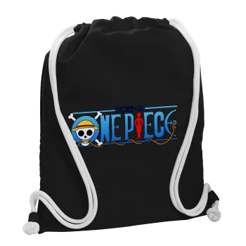 Onepiece logo, Τσάντα πλάτης πουγκί GYMBAG Μαύρη, με τσέπη (40x48cm) & χονδρά λευκά κορδόνια
