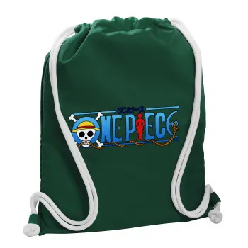 Onepiece logo, Τσάντα πλάτης πουγκί GYMBAG BOTTLE GREEN, με τσέπη (40x48cm) & χονδρά λευκά κορδόνια