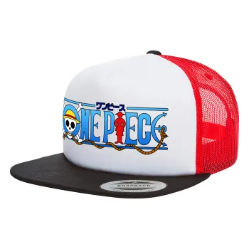 Onepiece logo, Adult Foam Flat Snapback with Mesh Black-White-Red (POLYESTER, ADULT, UNISEX, ONE SIZE)