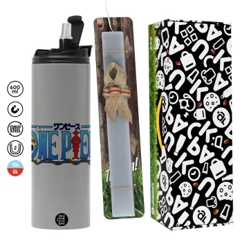 Onepiece logo, Πασχαλινή Λαμπάδα με Travel Tumbler θερμό (600ml, BPA free) & κερί αρωματικό πλακέ (30cm) (ΓΚΡΙ)
