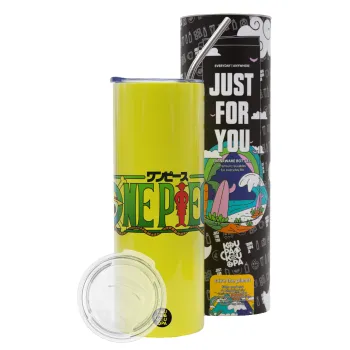Onepiece logo, Neon Yellow Travel Tumbler θερμό, μεταλλικό καλαμάκι(Ανωξείδωτο 304 Food grade, BPA free, 600ml)