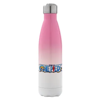 Onepiece logo, Μεταλλικό παγούρι θερμός Ροζ/Λευκό (Stainless steel), διπλού τοιχώματος, 500ml