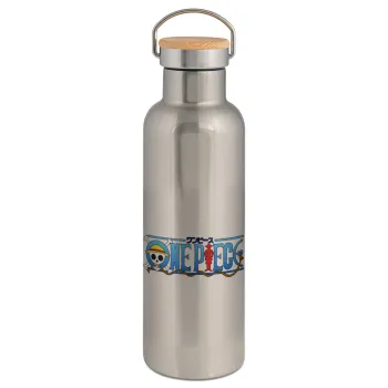 Onepiece logo, Stainless steel Silver with wooden lid (bamboo), double wall, 750ml