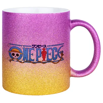 Onepiece logo, Κούπα Χρυσή/Ροζ Glitter, κεραμική, 330ml