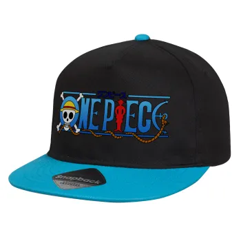 Onepiece logo, Child's Flat Snapback Hat, Black/Blue (100% COTTON, CHILD, UNISEX, ONE SIZE)