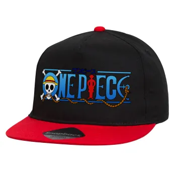 Onepiece logo, Καπέλο παιδικό Flat Snapback, Μαύρο/Κόκκινο (100% ΒΑΜΒΑΚΕΡΟ, ΠΑΙΔΙΚΟ, UNISEX, ONE SIZE)
