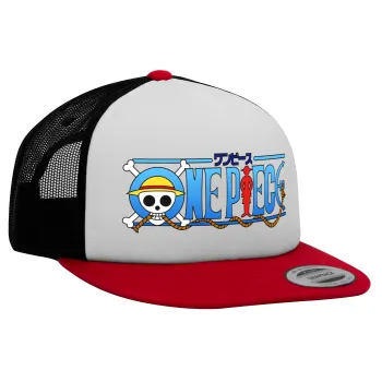 Onepiece logo, Καπέλο Ενηλίκων Foam Flat Snapback με Δίχτυ Κόκκινο-Λευκό-Μαύρο (POLYESTER, ΕΝΗΛΙΚΩΝ, UNISEX, ONE SIZE)
