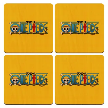 Onepiece logo, ΣΕΤ x4 Σουβέρ ξύλινα τετράγωνα plywood (9cm)