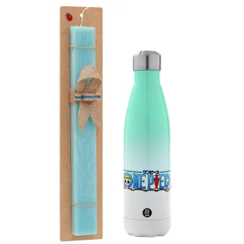 Onepiece logo, Easter Set, Metallic green/white thermos (Stainless steel), double-walled, 500ml & scented flat Easter candle (30cm) (TURQUOISE)
