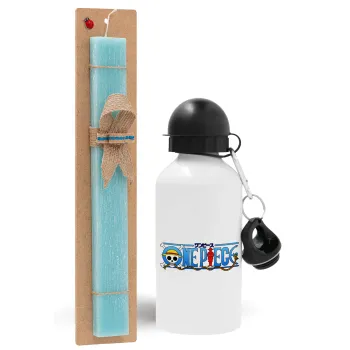 Onepiece logo, Easter Set, metallic aluminum water bottle (500ml) & scented flat candle (30cm) (TURQUOISE)