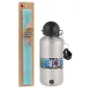 Easter Set, metallic silver aluminum water bottle (500ml) & scented flat Easter candle (30cm) (TURQUOISE)
