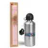 Easter Set, metallic Silver aluminum water bottle (500ml) & scented flat Easter candle (30cm) (PINK)