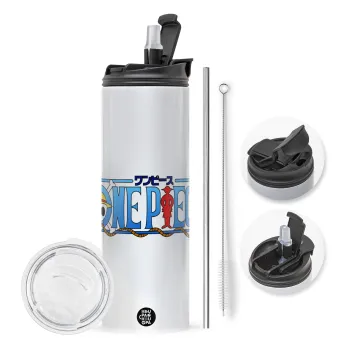 Onepiece logo, Travel Tumbler θερμό με διπλό καπάκι, μεταλλικό καλαμάκι και βούρτσα καθαρισμού (Ανωξείδωτο 304 Food grade, BPA free, 600ml)