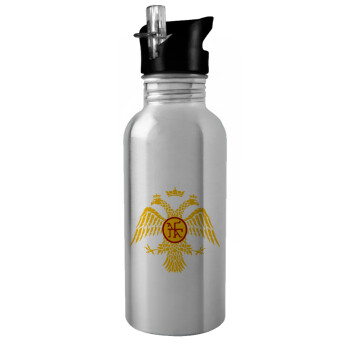 Byzantine Empire, Water bottle Silver with straw, stainless steel 600ml