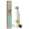 Easter Set, metallic stainless steel water bottle (750ml) & aromatic flat Easter candle (30cm) (TURQUOISE)