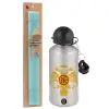 Easter Set, metallic silver aluminum water bottle (500ml) & scented flat Easter candle (30cm) (TURQUOISE)