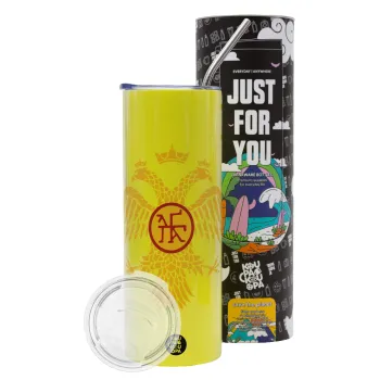 Βυζαντινή αυτοκρατορία, Neon Yellow Travel Tumbler θερμό, μεταλλικό καλαμάκι(Ανωξείδωτο 304 Food grade, BPA free, 600ml)