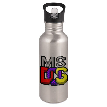 MsDos, Water bottle Silver with straw, stainless steel 600ml