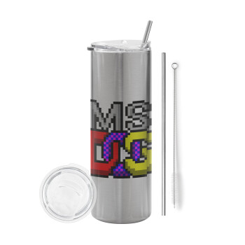 MsDos, Eco friendly ποτήρι θερμό Ασημένιο (tumbler) από ανοξείδωτο ατσάλι 600ml, με μεταλλικό καλαμάκι & βούρτσα καθαρισμού