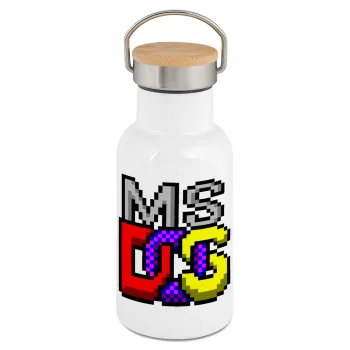 MsDos, Metallic thermos (Stainless steel) White with wooden lid (bamboo), double-walled, 350ml
