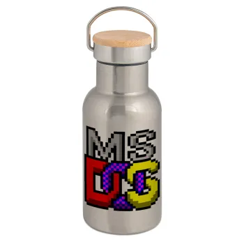 MsDos, Stainless steel metallic thermos flask, silver with a bamboo lid, double-walled, 350ml.
