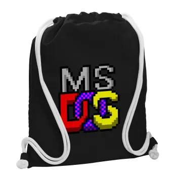 MsDos, Backpack pouch GYMBAG Black, with pocket (40x48cm) & thick white cords
