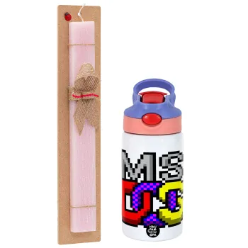 MsDos, Easter Set, Children's thermal stainless steel water bottle with safety straw, pink/purple (350ml) & Easter scented flat candle (30cm) (PINK)