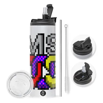 MsDos, Travel Tumbler θερμό με διπλό καπάκι, μεταλλικό καλαμάκι και βούρτσα καθαρισμού (Ανωξείδωτο 304 Food grade, BPA free, 600ml)