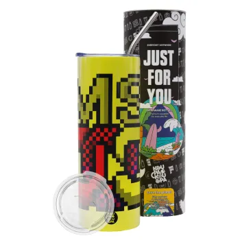 MsDos, Neon Yellow Travel Tumbler θερμό, μεταλλικό καλαμάκι(Ανωξείδωτο 304 Food grade, BPA free, 600ml)