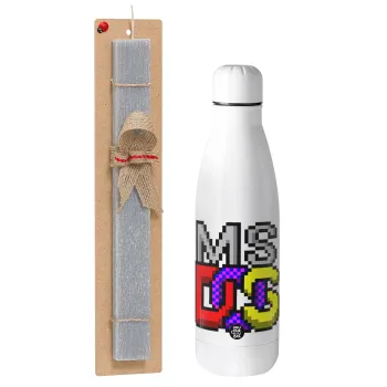 MsDos, Easter Set, metallic stainless thermos bottle (500ml) & scented flat Easter candle (30cm) (GRAY)