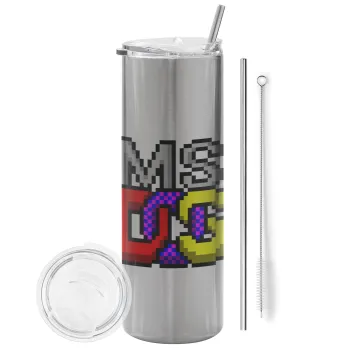 MsDos, Tumbler ποτήρι θερμό Ασημένιο από ανοξείδωτο ατσάλι 600ml, με μεταλλικό καλαμάκι & βούρτσα καθαρισμού