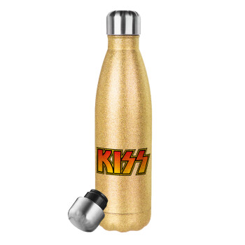 KISS, Μεταλλικό παγούρι θερμός Glitter χρυσό (Stainless steel), διπλού τοιχώματος, 500ml