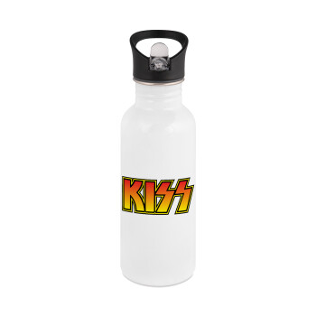 KISS, White water bottle with straw, stainless steel 600ml