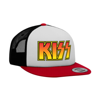 KISS, Adult Foam Flat Snapback with Mesh Red-White-Black (POLYESTER, ADULT, UNISEX, ONE SIZE)